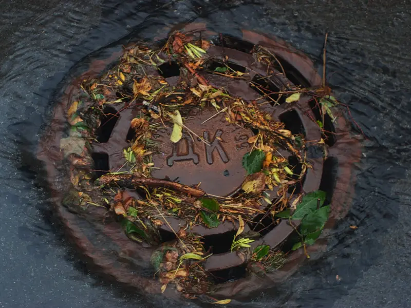 Drain service in Miami: storm drain grate clogged with leaves