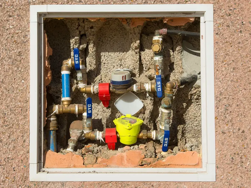 Leak detection in Miami: water meter and supply valves in a stucco wall